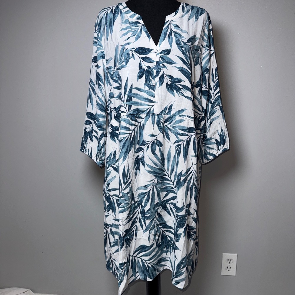 J. Jill Blue White Tropical Palm Leaf Print Flowy Shift Dress PL NWT $129